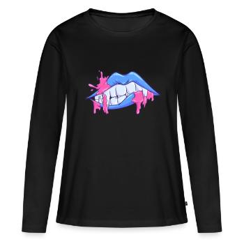 Masque visage bouche lèvres vampire - T-shirt manches longues Premium bio Femme - noir - Devant - Julia (174cm)