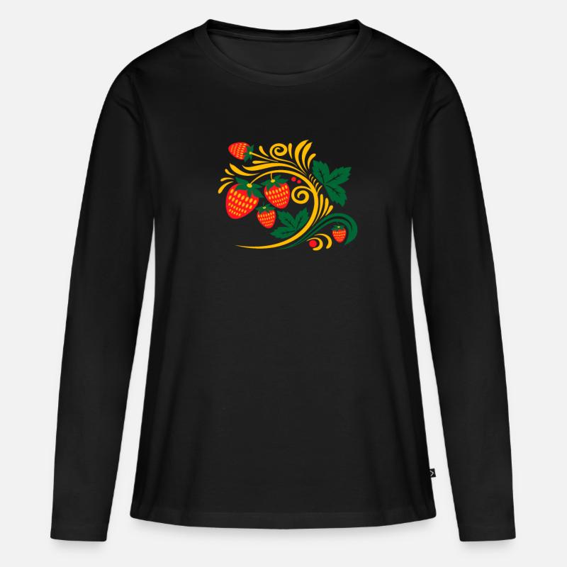 Khokhloma Russisches Muster Chochloma Erdbeere - Frauen Premium Bio Langarmshirt - Schwarz