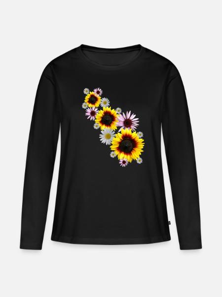 Blumenranke mit Sonnenblumen, Margeriten, Blumen - Frauen Premium Bio Langarmshirt - Schwarz