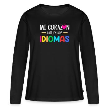 Mi corazon late en dos idiomas, zweisprachig Spanisch - Frauen Premium Bio Langarmshirt - Schwarz - Vorne - Julia (174cm)