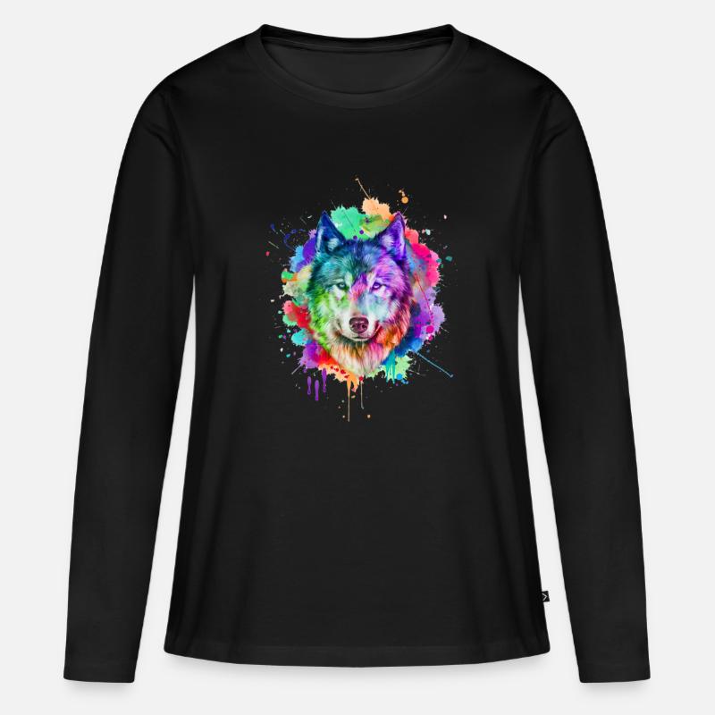 Aquarell Wolf Geschenk - Frauen Premium Bio Langarmshirt - Schwarz