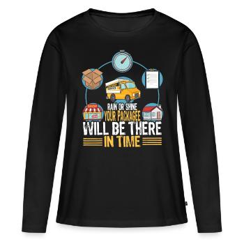Livraison de colis Livreur de colis Livreur de colis Coursier - T-shirt manches longues Premium bio Femme - noir - Devant - Julia (174cm)