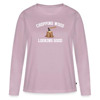 hacher le bois, bûcheron forestier - T-shirt manches longues Premium bio Femme - rose poudré - Devant - Julia (174cm)
