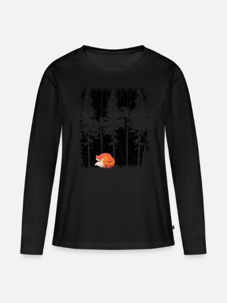 Süßer Fuchs im Wald Retro Muster Vintage Baum Wald - Frauen Premium Bio Langarmshirt - Schwarz