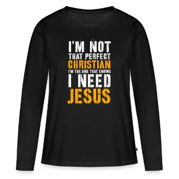 Jésus, Jésus, Jésus Chrétien Chrétien Chrétien - T-shirt manches longues Premium bio Femme - noir - Devant - Julia (174cm)