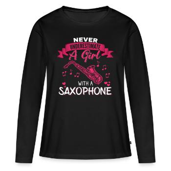 Never underestimate a Girl with a Saxophone - Frauen Premium Bio Langarmshirt - Schwarz - Vorne - Julia (174cm)
