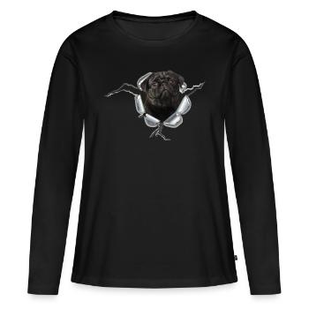 Mops Schwarz im Metall Loch - Frauen Premium Bio Langarmshirt - Schwarz - Vorne - Julia (174cm)