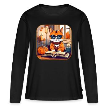 Niedliche Katze im Herbst Feeling - Frauen Premium Bio Langarmshirt - Schwarz - Vorne - Julia (174cm)