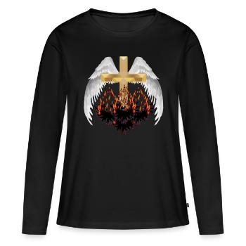 Kreuz Himmel Hölle Jenseits Reinkarnation Satan - Frauen Premium Bio Langarmshirt - Schwarz - Vorne - Julia (174cm)