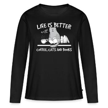 Chat éduqué avec livre et café - chemise de chat - T-shirt manches longues Premium bio Femme - noir - Devant - Julia (174cm)