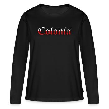 "Colonia" rouge-blanc [Old English Text MT] - T-shirt manches longues Premium bio Femme - noir - Devant - Julia (174cm)