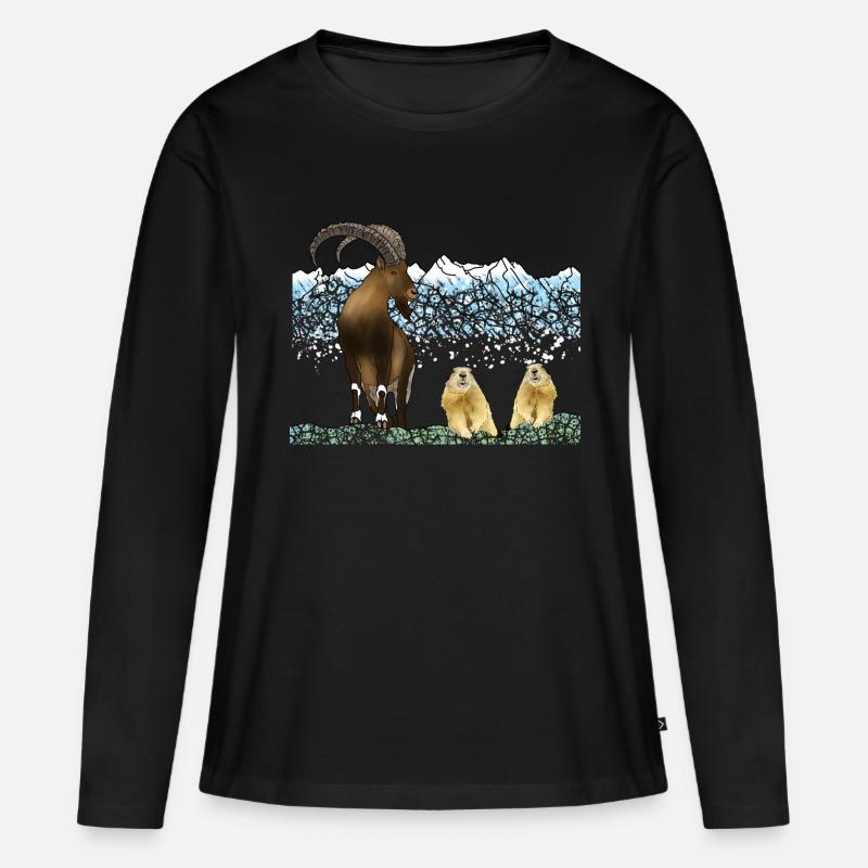 Steinbock, Murmeltiere, Berge - Frauen Premium Bio Langarmshirt - Schwarz