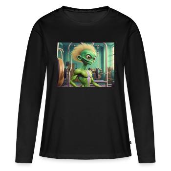 mignon petit vert rétro vintage extraterrestre séance d’entraînement gym - T-shirt manches longues Premium bio Femme - noir - Devant - Julia (174cm)