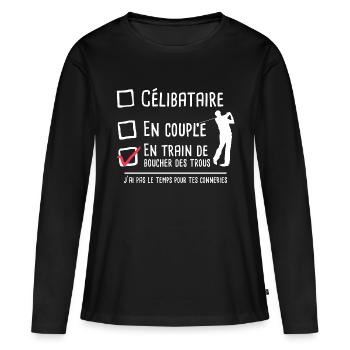 Cadeau célibataire golfeur humour passion golf - T-shirt manches longues Premium bio Femme - noir - Devant - Julia (174cm)