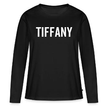 Tiffany Nom personnalisé Police Texte Anniversaire - T-shirt manches longues Premium bio Femme - noir - Devant - Julia (174cm)