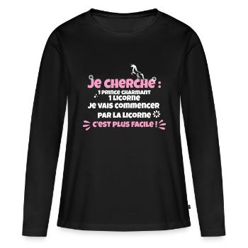Cherche prince charmant et licorne - T-shirt manches longues Premium bio Femme - noir - Devant - Julia (174cm)
