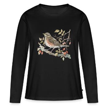 Rotdrossel auf Hagebutte Liebevolle Aquarell - Frauen Premium Bio Langarmshirt - Schwarz - Vorne - Julia (174cm)