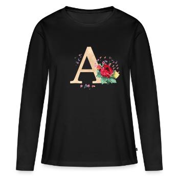 Lettre initiale lettre A initiales roses - T-shirt manches longues Premium bio Femme - noir - Devant - Julia (174cm)
