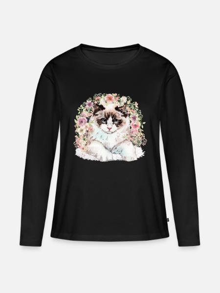 Ragdoll Katze mit Blumen - Aquarell - Frauen Premium Bio Langarmshirt - Schwarz