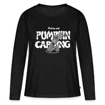 Kürbis schnitzen Vintage Cartoon Messer Halloween - Frauen Premium Bio Langarmshirt - Schwarz - Vorne - Julia (174cm)