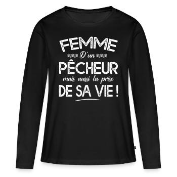 femme pêcheur cadeau humour femme pêche - T-shirt manches longues Premium bio Femme - noir - Devant - Julia (174cm)