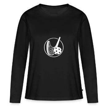 Floorball mit Kelle an einem Florballschläger - Frauen Premium Bio Langarmshirt - Schwarz - Vorne - Julia (174cm)
