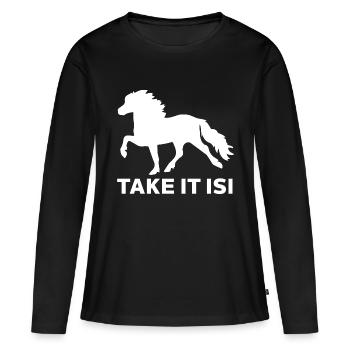 Prenez-le cadeau d'équitation islandais Isi - T-shirt manches longues Premium bio Femme - noir - Devant - Julia (174cm)
