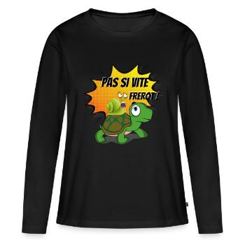 Tortue et escargot : "Pas si vite Frérot" - T-shirt manches longues Premium bio Femme - noir - Devant - Julia (174cm)