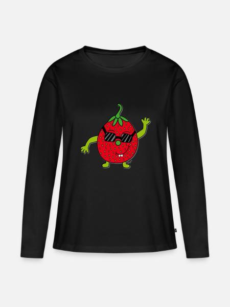 Erdbeere - Frauen Premium Bio Langarmshirt - Schwarz