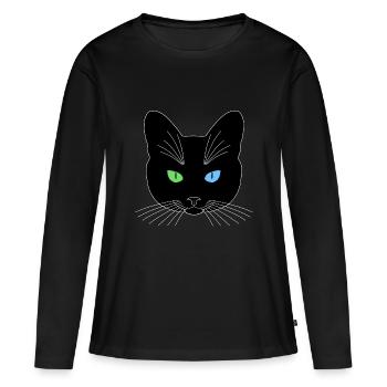 Chat tête noir yeux vert bleu - T-shirt manches longues Premium bio Femme - noir - Devant - Julia (174cm)