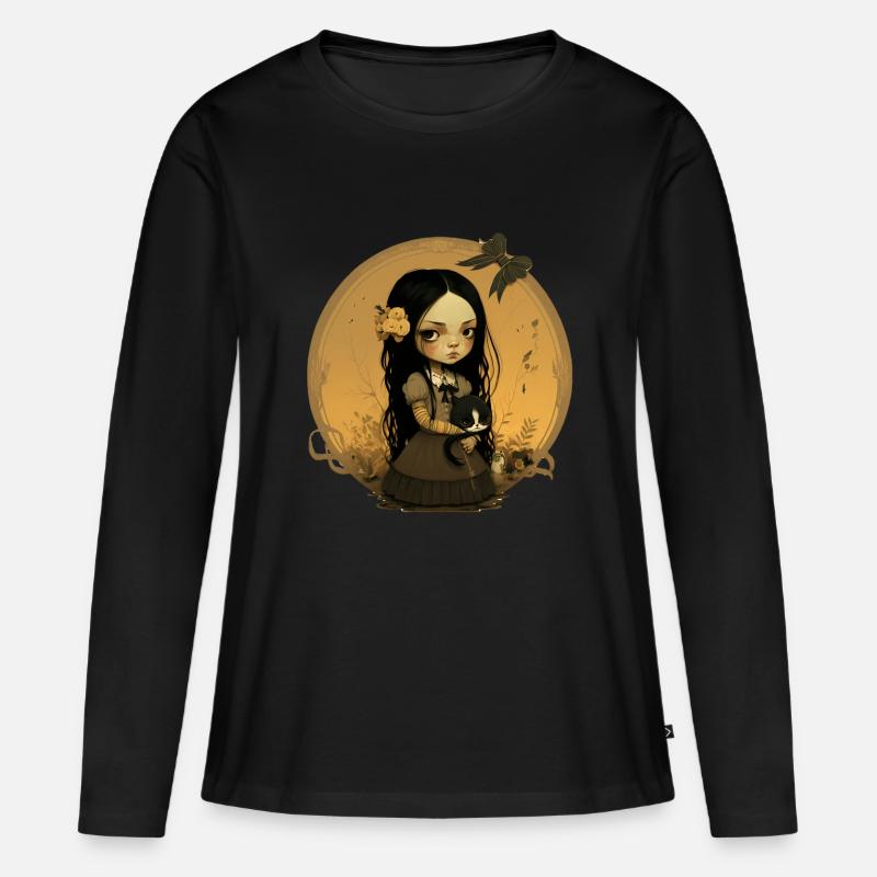 Mädchen mit Katze 2 - Frauen Premium Bio Langarmshirt - Schwarz