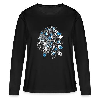 crâne avec coiffe indienne blanc et bleu - T-shirt manches longues Premium bio Femme - noir - Devant - Julia (174cm)