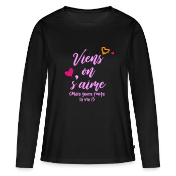 MU105 Sticker mural Viens on s aime - T-shirt manches longues Premium bio Femme - noir - Devant - Julia (174cm)