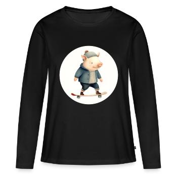 Schweinchen fährt Skateboard - Frauen Premium Bio Langarmshirt - Schwarz - Vorne - Julia (174cm)