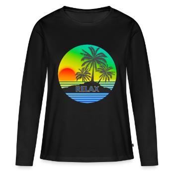 RELAX mit Sonnenuntergang und Palmen Urlaubsmotiv - Frauen Premium Bio Langarmshirt - Schwarz - Vorne - Julia (174cm)