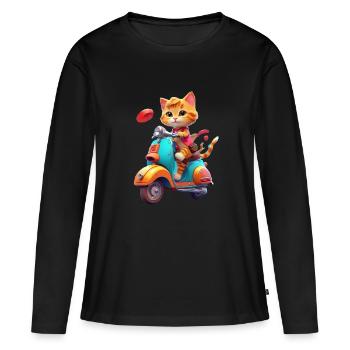 Katze fährt Roller - Frauen Premium Bio Langarmshirt - Schwarz - Vorne - Julia (174cm)
