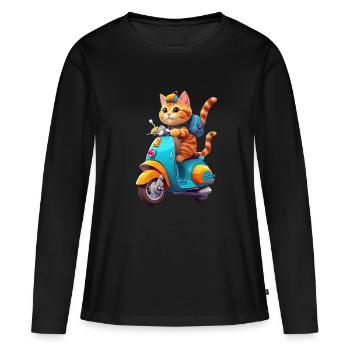 Katze fährt Roller - Frauen Premium Bio Langarmshirt - Schwarz - Vorne - Julia (174cm)