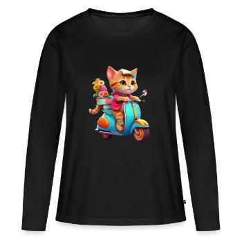 Katze fährt Roller - Frauen Premium Bio Langarmshirt - Schwarz - Vorne - Julia (174cm)