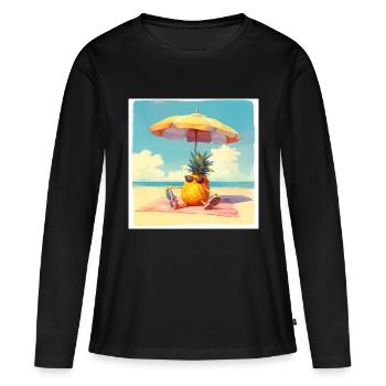 Drôle d’ananas prenant un bain de soleil sur la plage sous un parasol - T-shirt manches longues Premium bio Femme - noir - Devant - Julia (174cm)