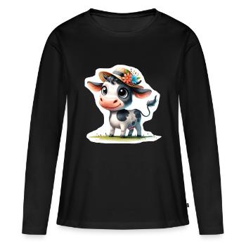 Veau avec chapeau de paille - T-shirt manches longues Premium bio Femme - noir - Devant - Julia (174cm)