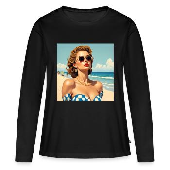 Das Model am Strand - Frauen Premium Bio Langarmshirt - Schwarz - Vorne - Julia (174cm)