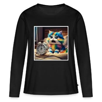 Katze mit Wecker - Frauen Premium Bio Langarmshirt - Schwarz - Vorne - Julia (174cm)