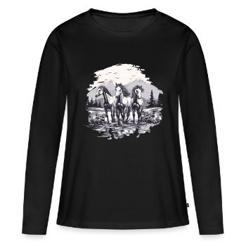 Pferde Berge Reiten Reitsport Natur Wildpferde - Frauen Premium Bio Langarmshirt - Schwarz - Vorne - Julia (174cm)