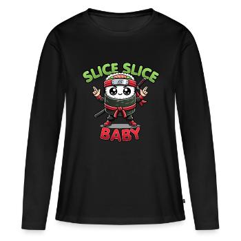 Kawaii Sushi Ninja Slice Slice Baby Lustiges Essen Wortspiel - Frauen Premium Bio Langarmshirt - Schwarz - Vorne - Julia (174cm)
