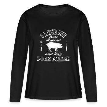 J’AIME MES FESSES FROTTÉES ET MON PORC EFFILOCHÉ - T-shirt manches longues Premium bio Femme - noir - Devant - Julia (174cm)