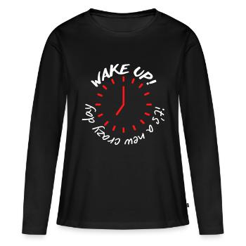 wake up - Women's Premium Organic Long Sleeve Shirt - black - Front - Julia (174cm)