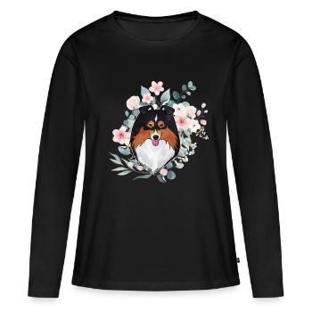 Sheltie fleurs tri noires - T-shirt manches longues Premium bio Femme - noir - Devant - Julia (174cm)