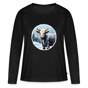 Rind auf winterlicher Alm - Frauen Premium Bio Langarmshirt - Schwarz - Vorne - Julia (174cm)