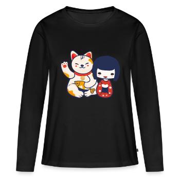 Poupée Kokeshi avec un chat qui porte le chat de Maneki Neko - T-shirt manches longues Premium bio Femme - noir - Devant - Julia (174cm)