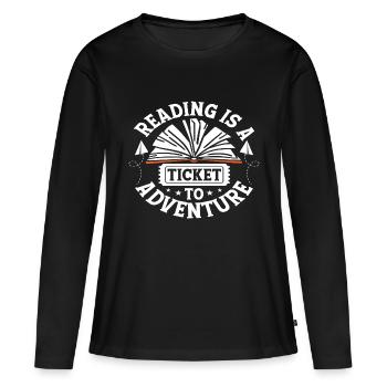 La lecture est un billet pour l’aventure - T-shirt manches longues Premium bio Femme - noir - Devant - Julia (174cm)